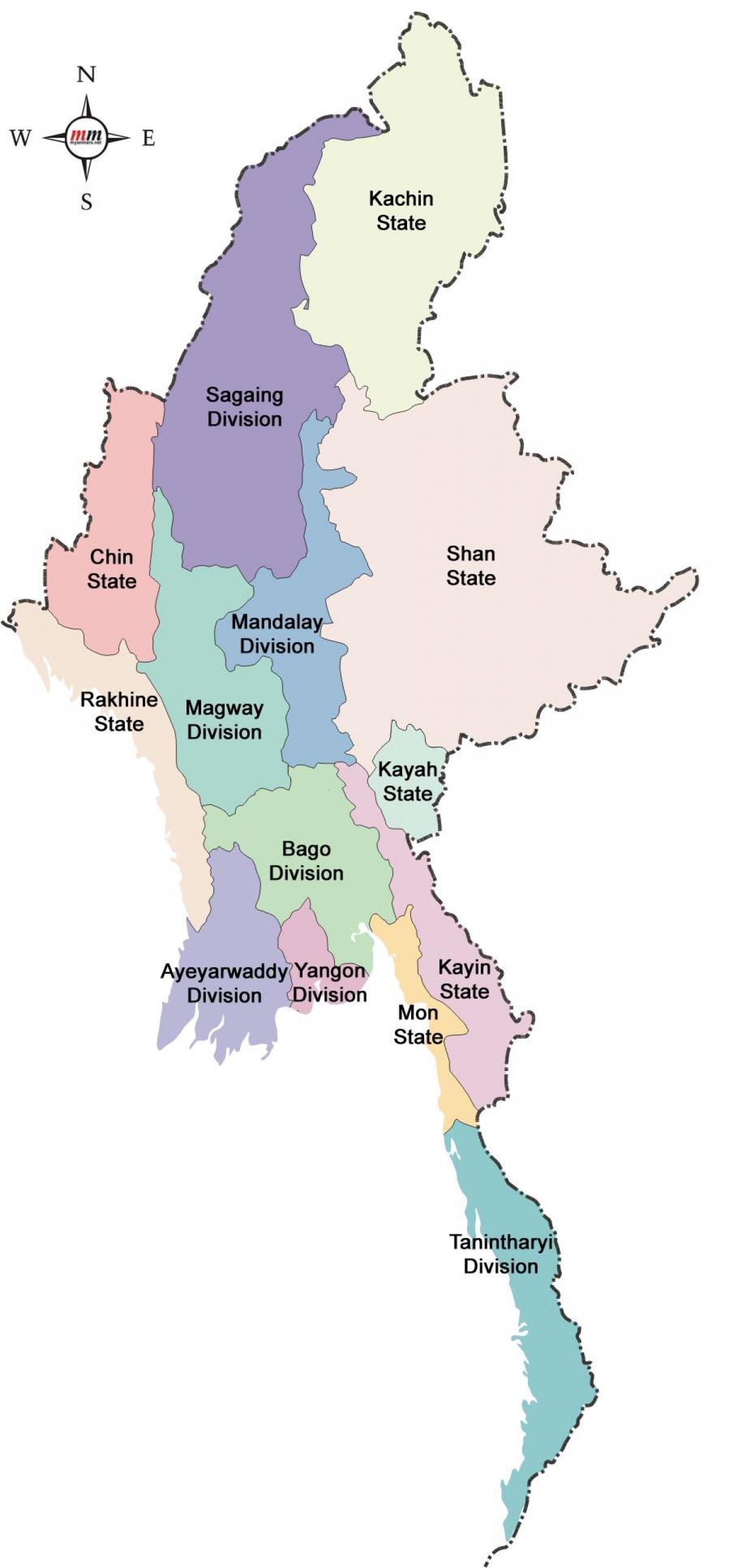 Myanmar kort og stater,
