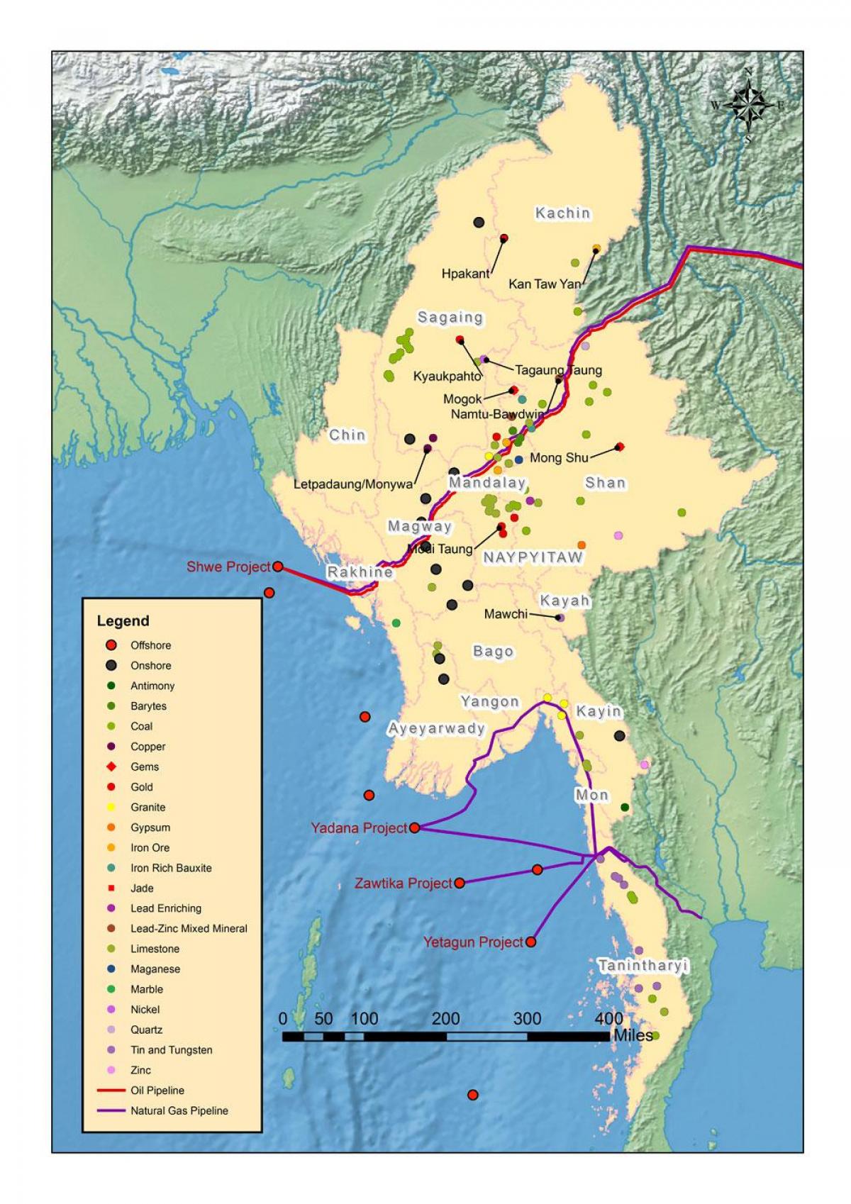 Kort over Myanmar naturlige ressourcer